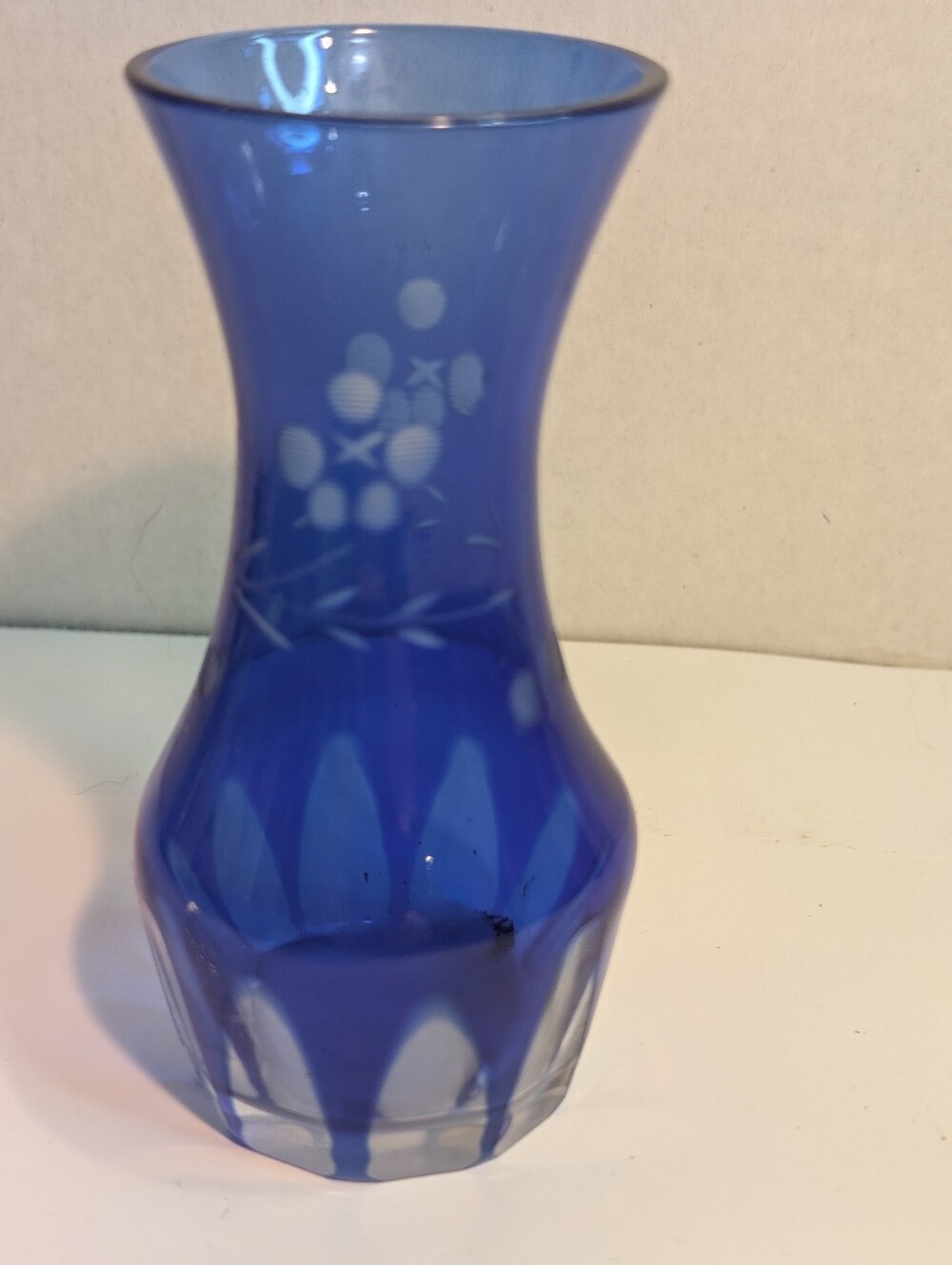 Cobalt Blue Cut To Clear Miniature Vase.